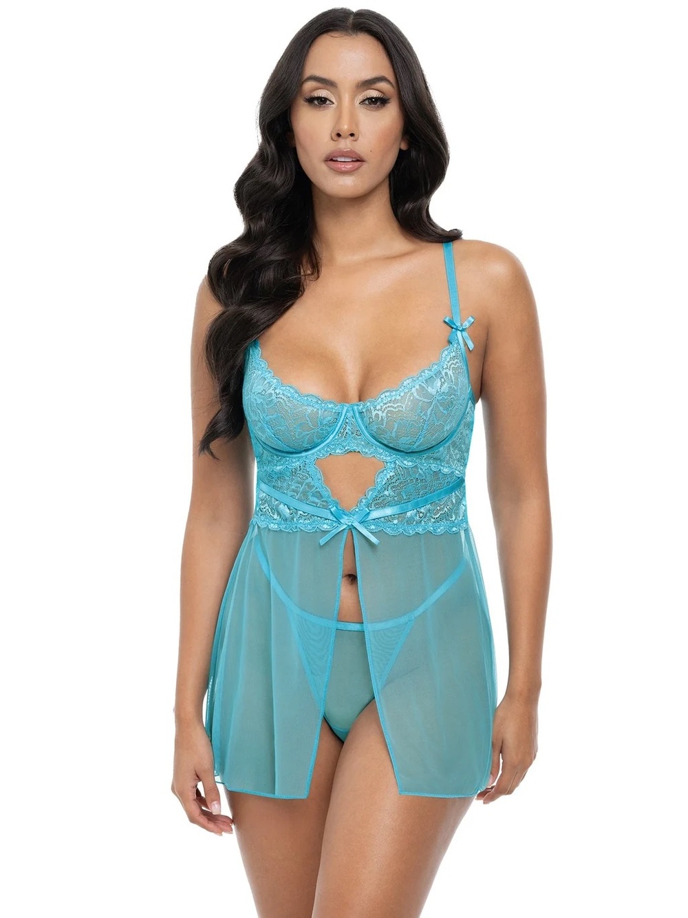 Sheer Lace Babydoll Chemise in Aqua with Matching Thong